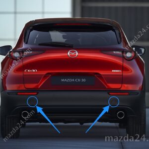 Mazda CX-30 rear bumper tow hook covers. Part numbers: DGH9-50-EL1, DFR5-50-EL1A, DGH9-50-EK1, DFR5-50-EK1A